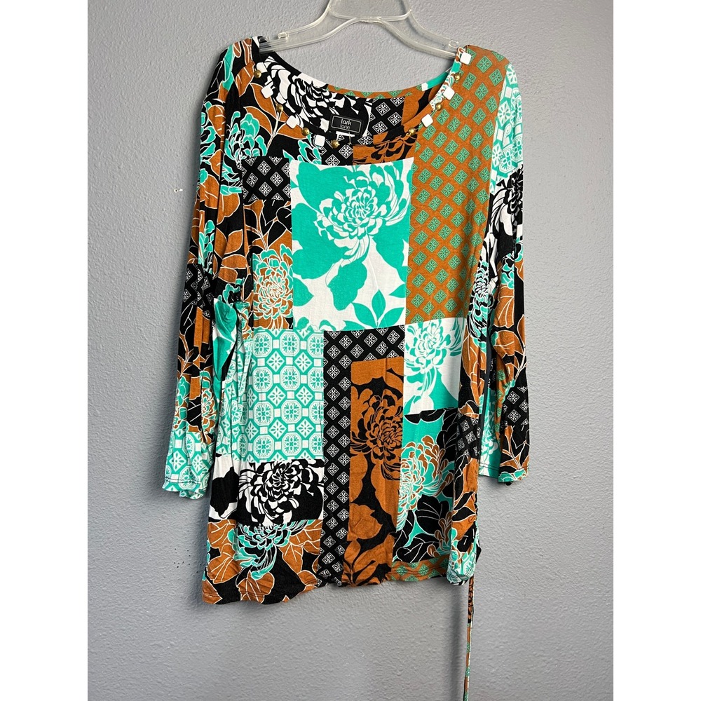 Lark Lane Lg Mixed Floral Patchwork Artsy Print Long SL Tunic Blouse Teal Orange